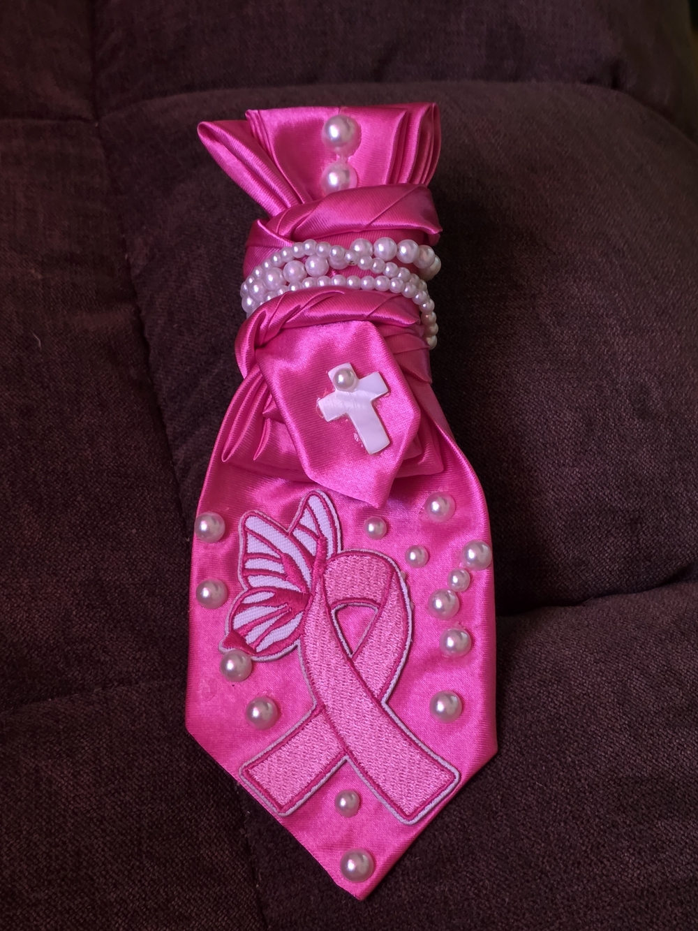Pink Satin Awareness Tie with Pearl & Butterfly Detail
